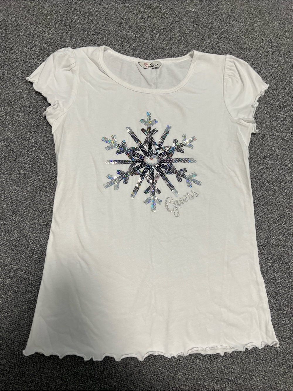 Guess Girl’s White Tee with Iridescent Sequin Snowflake